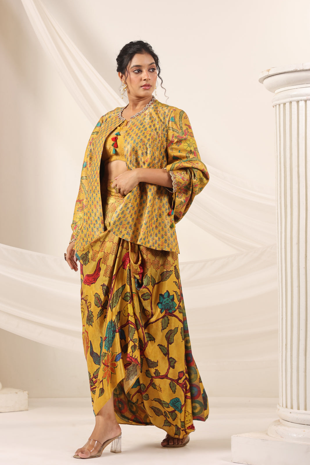 Mustard Yellow Fusion Set With Crop Top And Dreped Skirt Paired Long Ethnic Jacket