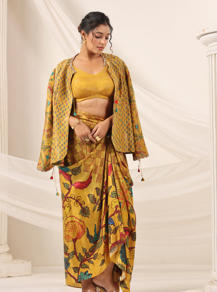 Mustard Yellow Fusion Set With Crop Top And Dreped Skirt Paired Long Ethnic Jacket