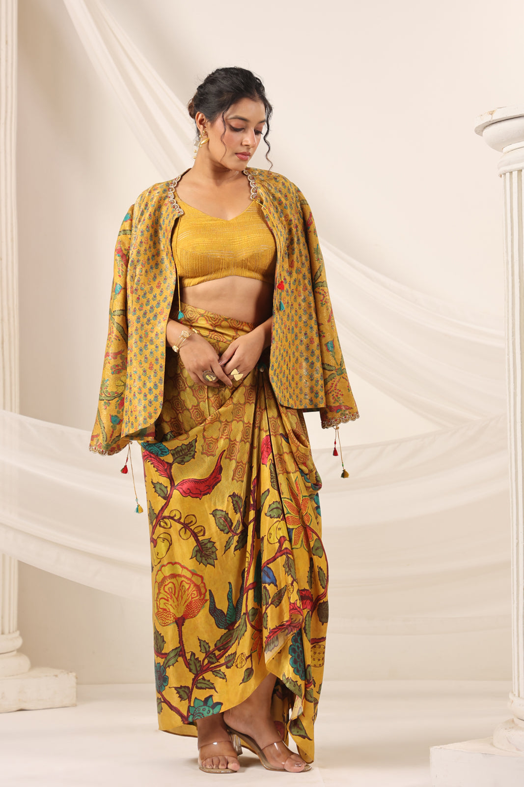 Mustard Yellow Fusion Set With Crop Top And Dreped Skirt Paired Long Ethnic Jacket