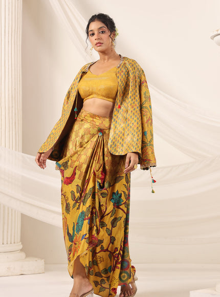Mustard Yellow Fusion Set With Crop Top And Dreped Skirt Paired Long Ethnic Jacket