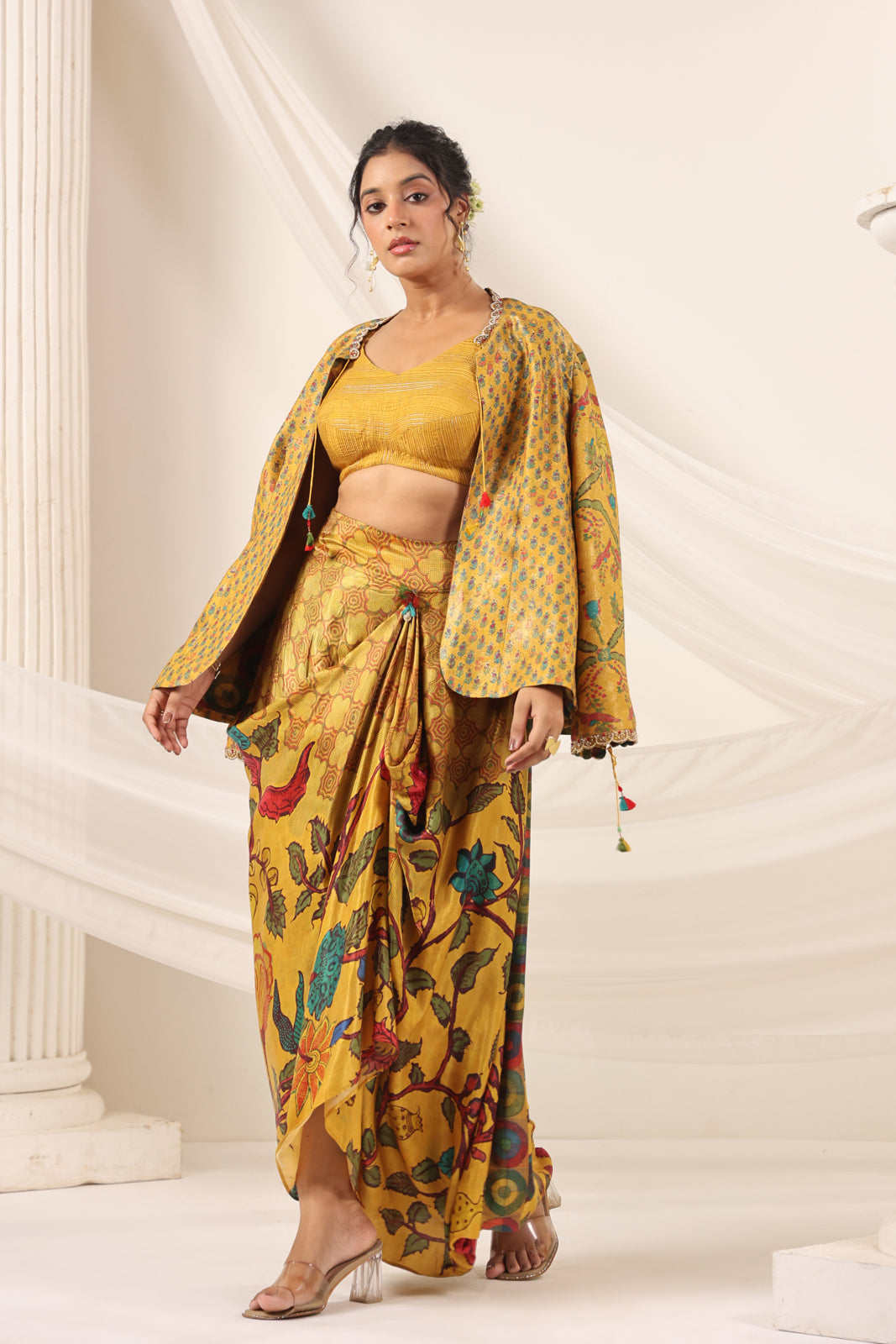 Mustard Yellow Fusion Set With Crop Top And Dreped Skirt Paired Long Ethnic Jacket