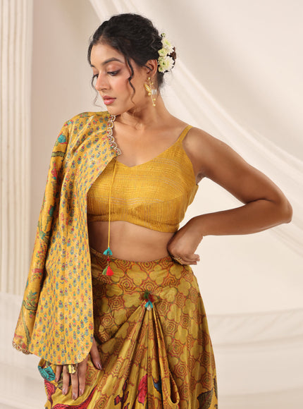 Mustard Yellow Fusion Set With Crop Top And Dreped Skirt Paired Long Ethnic Jacket