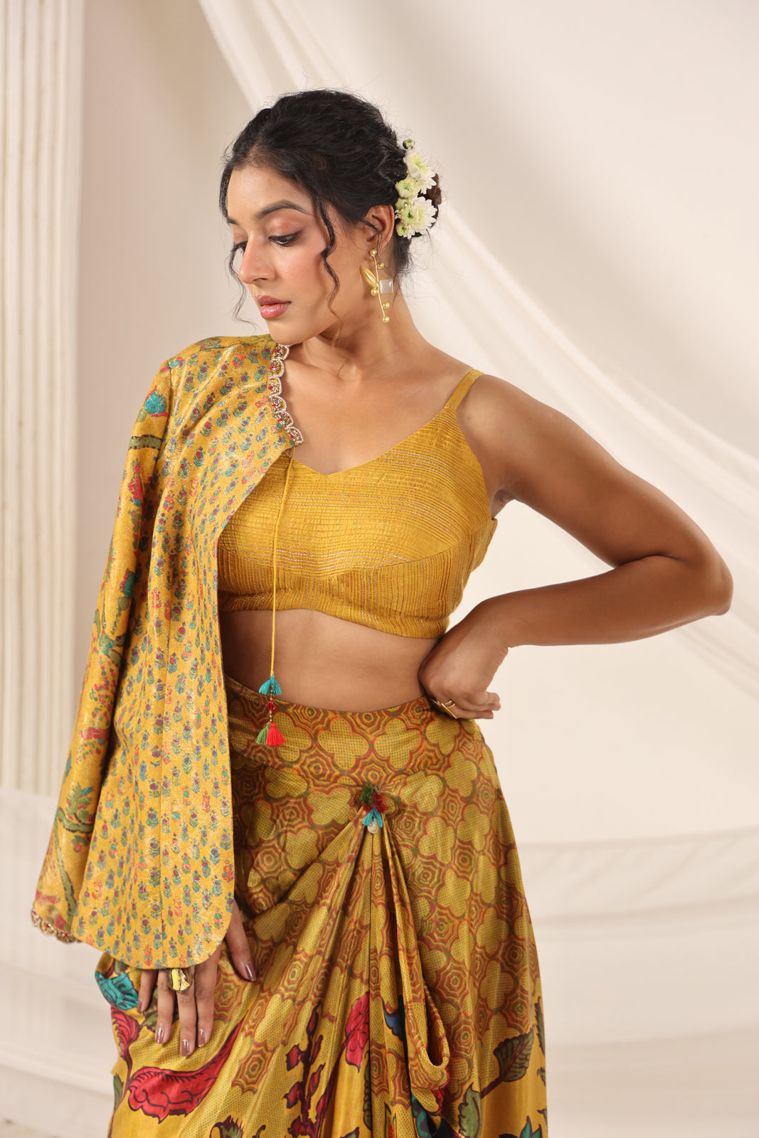 Mustard Yellow Fusion Set With Crop Top And Dreped Skirt Paired Long Ethnic Jacket