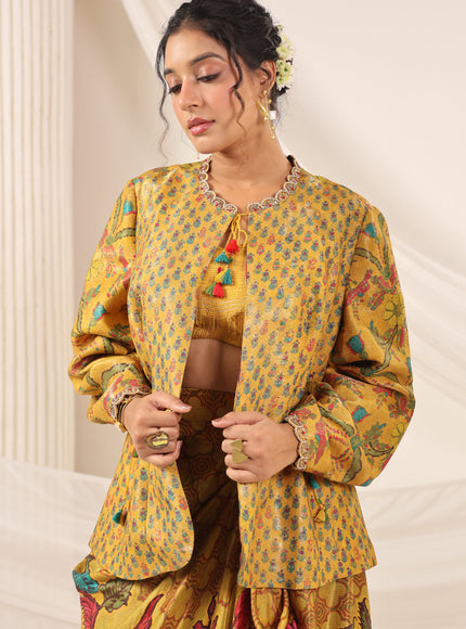 Mustard Yellow Fusion Set With Crop Top And Dreped Skirt Paired Long Ethnic Jacket