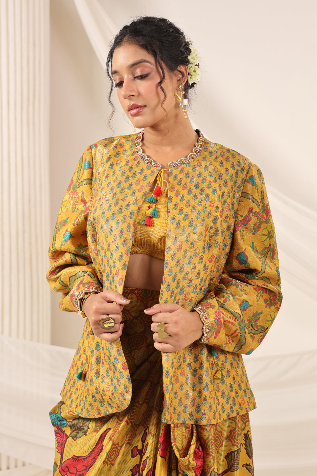 Mustard Yellow Fusion Set With Crop Top And Dreped Skirt Paired Long Ethnic Jacket