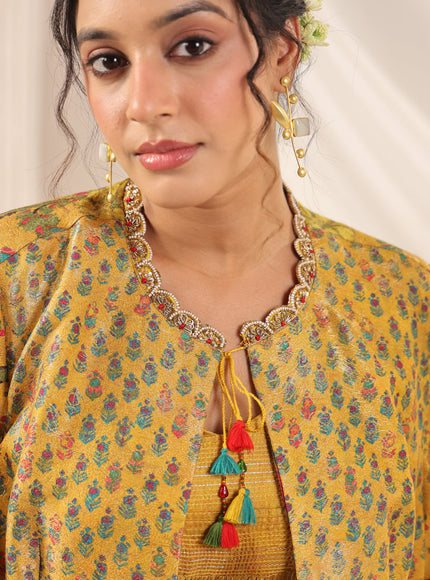 Mustard Yellow Fusion Set With Crop Top And Dreped Skirt Paired Long Ethnic Jacket