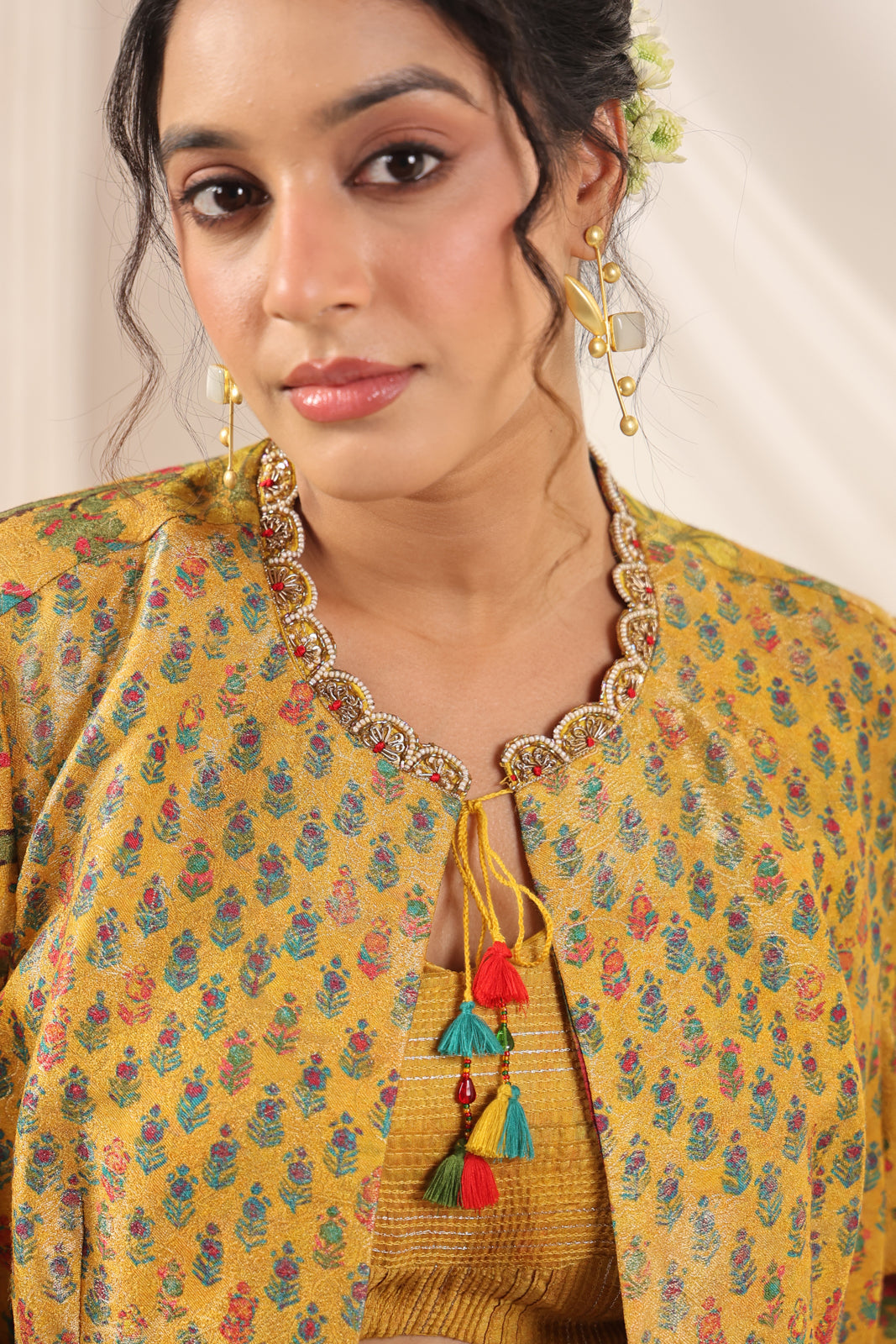 Mustard Yellow Fusion Set With Crop Top And Dreped Skirt Paired Long Ethnic Jacket