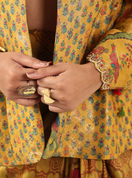 Mustard Yellow Fusion Set With Crop Top And Dreped Skirt Paired Long Ethnic Jacket