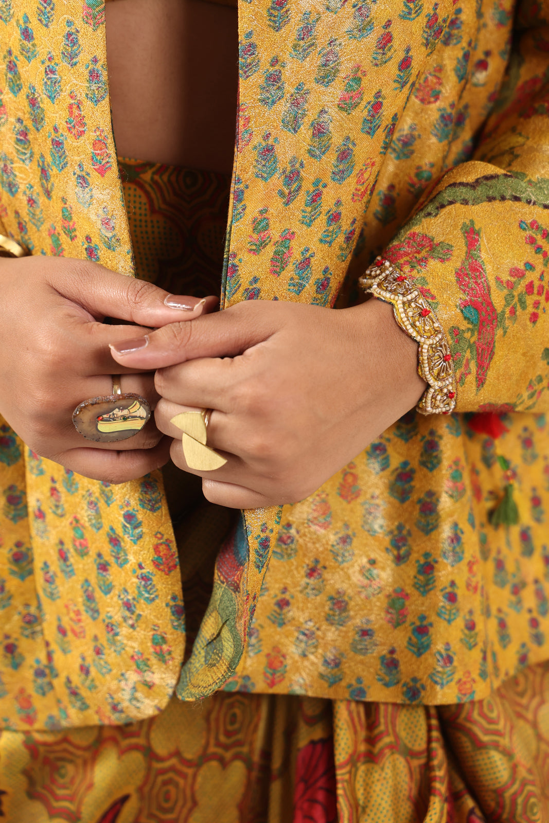 Mustard Yellow Fusion Set With Crop Top And Dreped Skirt Paired Long Ethnic Jacket