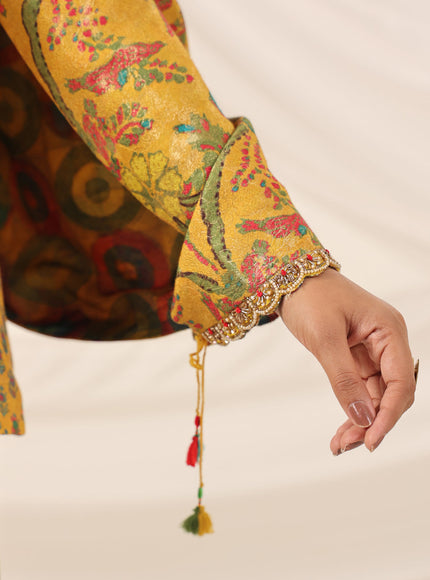 Mustard Yellow Fusion Set With Crop Top And Dreped Skirt Paired Long Ethnic Jacket