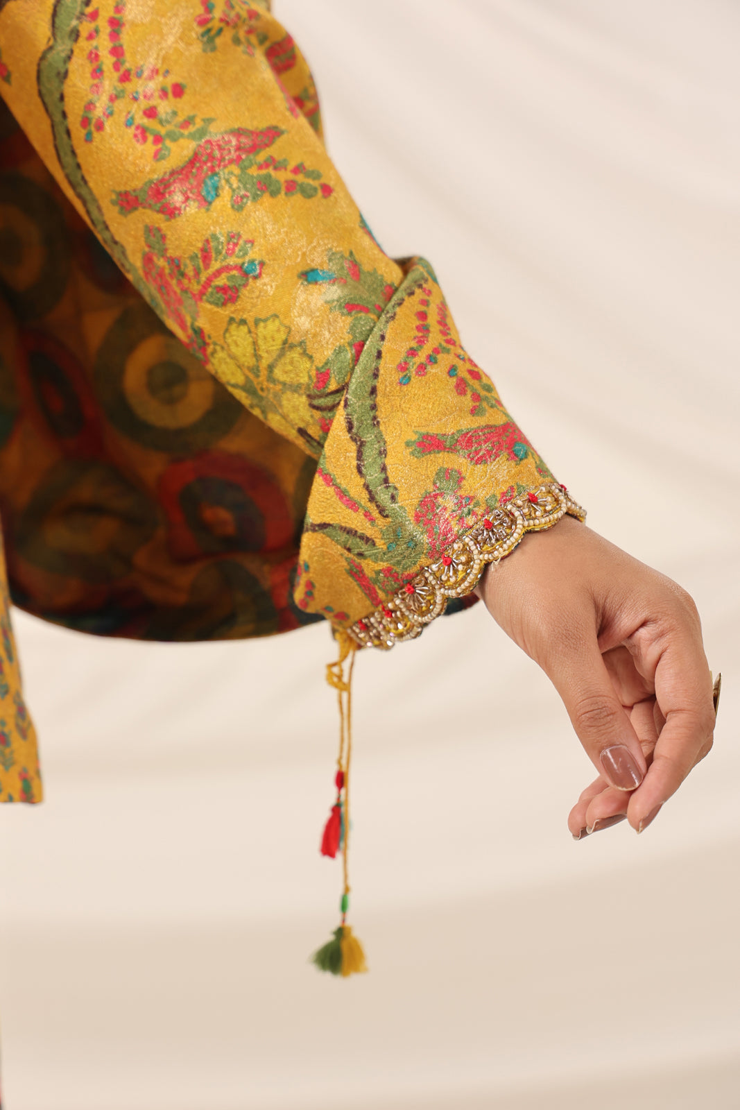 Mustard Yellow Fusion Set With Crop Top And Dreped Skirt Paired Long Ethnic Jacket