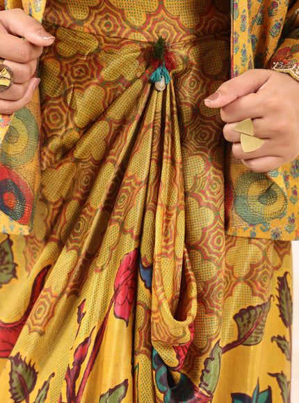 Mustard Yellow Fusion Set With Crop Top And Dreped Skirt Paired Long Ethnic Jacket