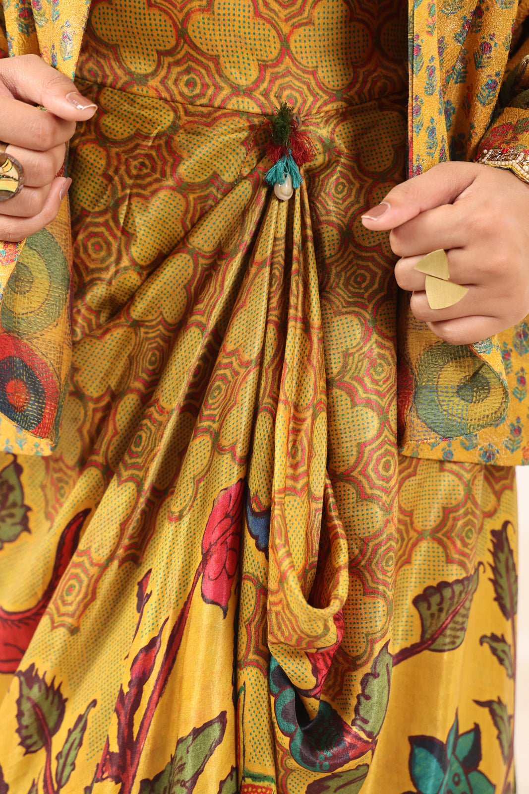 Mustard Yellow Fusion Set With Crop Top And Dreped Skirt Paired Long Ethnic Jacket