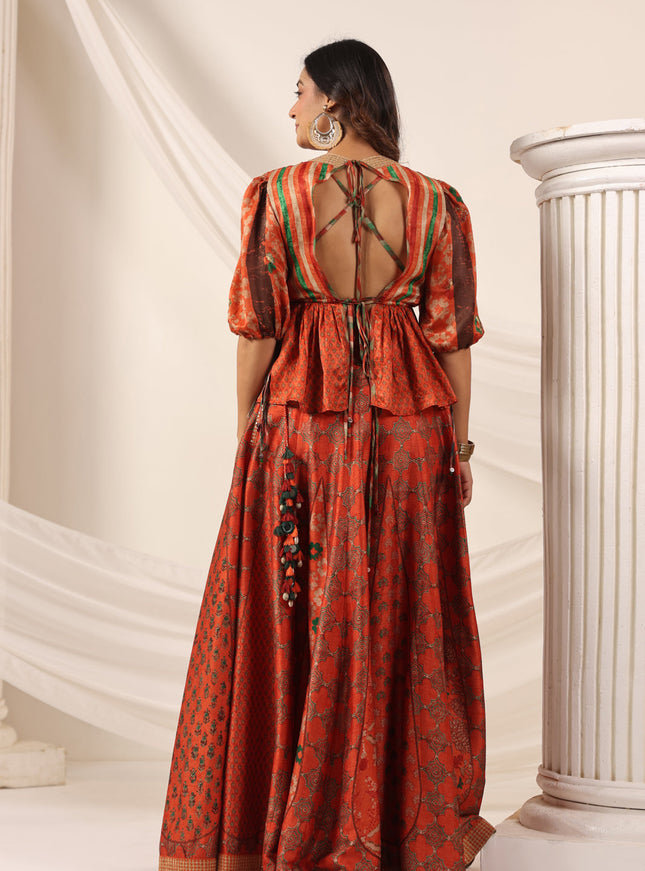 Rustic Orange Festive Peplum Set With Wide Flared Palazzo Pant