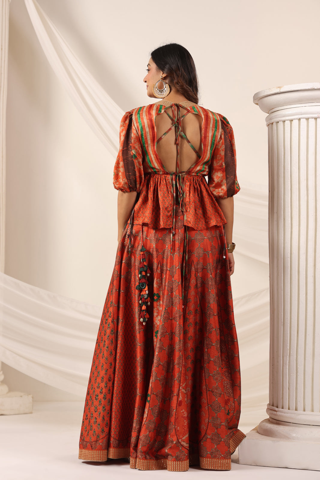 Rustic Orange Festive Peplum Set With Wide Flared Palazzo Pant