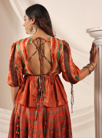 Rustic Orange Festive Peplum Set With Wide Flared Palazzo Pant