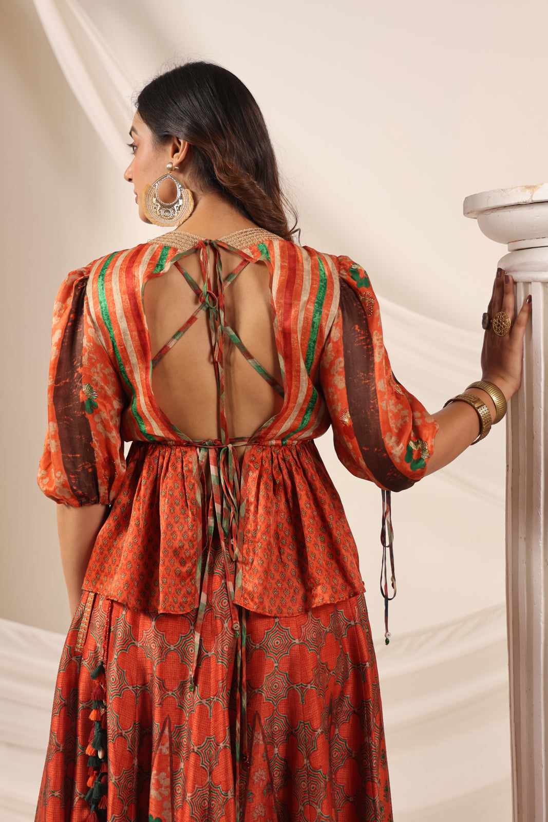 Rustic Orange Festive Peplum Set With Wide Flared Palazzo Pant