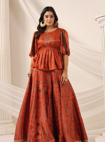 Rustic Orange Festive Peplum Set With Wide Flared Palazzo Pant