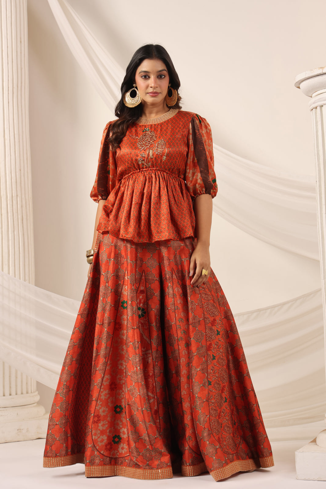 Rustic Orange Festive Peplum Set With Wide Flared Palazzo Pant