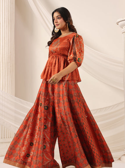 Rustic Orange Festive Peplum Set With Wide Flared Palazzo Pant