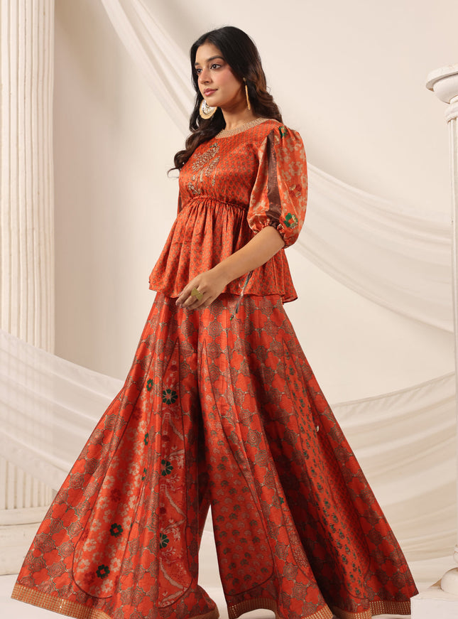 Rustic Orange Festive Peplum Set With Wide Flared Palazzo Pant
