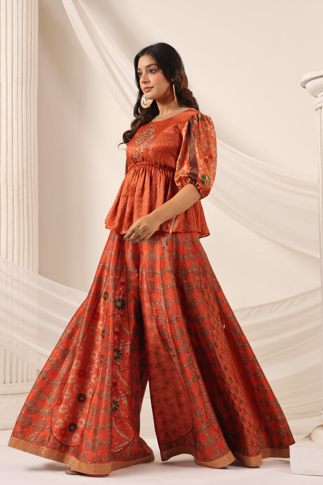 Rustic Orange Festive Peplum Set With Wide Flared Palazzo Pant
