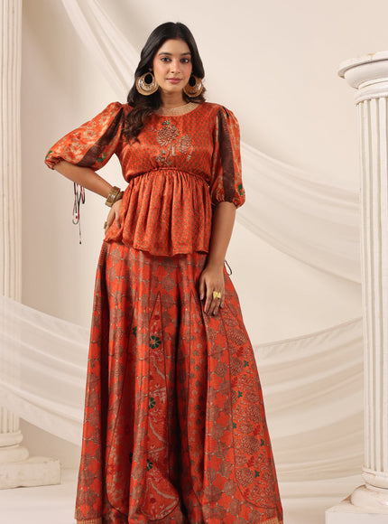 Rustic Orange Festive Peplum Set With Wide Flared Palazzo Pant