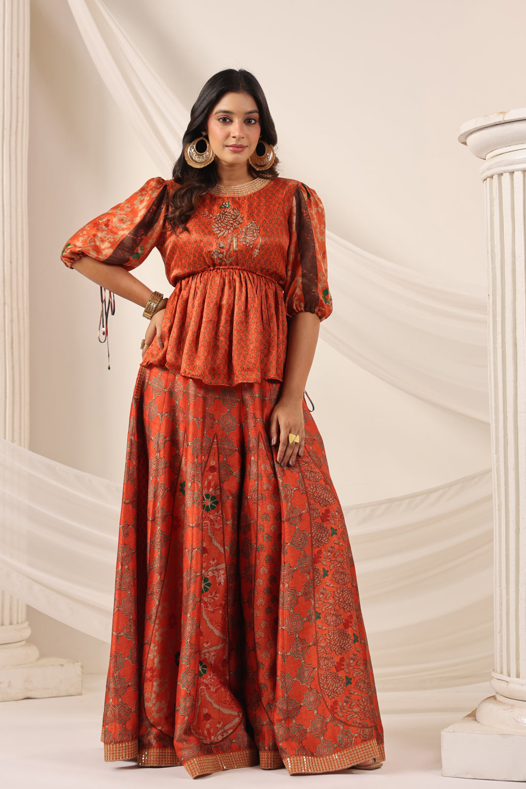 Rustic Orange Festive Peplum Set With Wide Flared Palazzo Pant