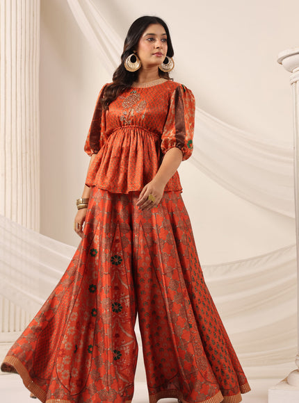Rustic Orange Festive Peplum Set With Wide Flared Palazzo Pant