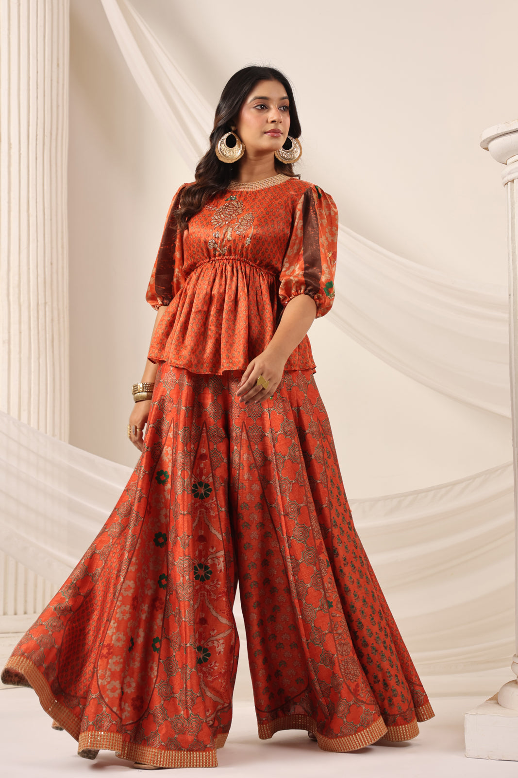 Rustic Orange Festive Peplum Set With Wide Flared Palazzo Pant