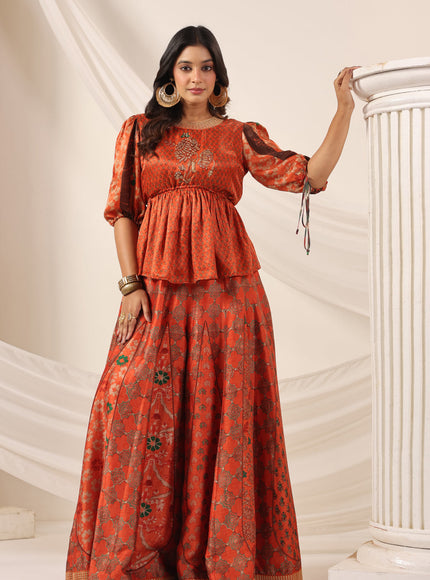 Rustic Orange Festive Peplum Set With Wide Flared Palazzo Pant