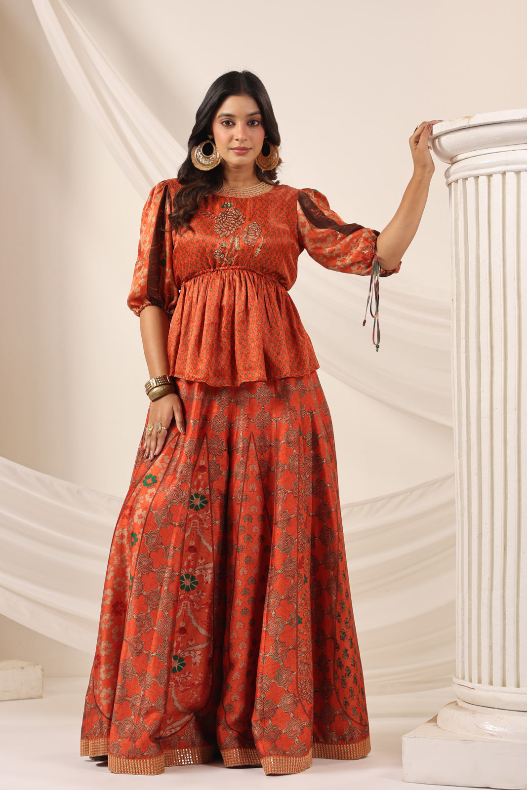 Rustic Orange Festive Peplum Set With Wide Flared Palazzo Pant