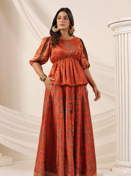 Rustic Orange Festive Peplum Set With Wide Flared Palazzo Pant