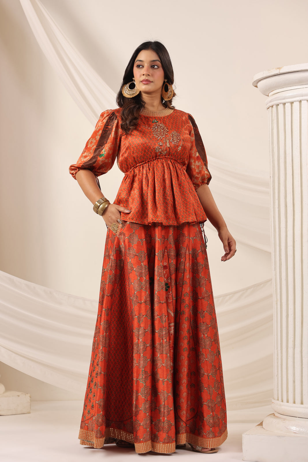 Rustic Orange Festive Peplum Set With Wide Flared Palazzo Pant