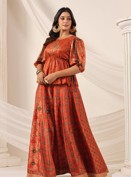 Rustic Orange Festive Peplum Set With Wide Flared Palazzo Pant
