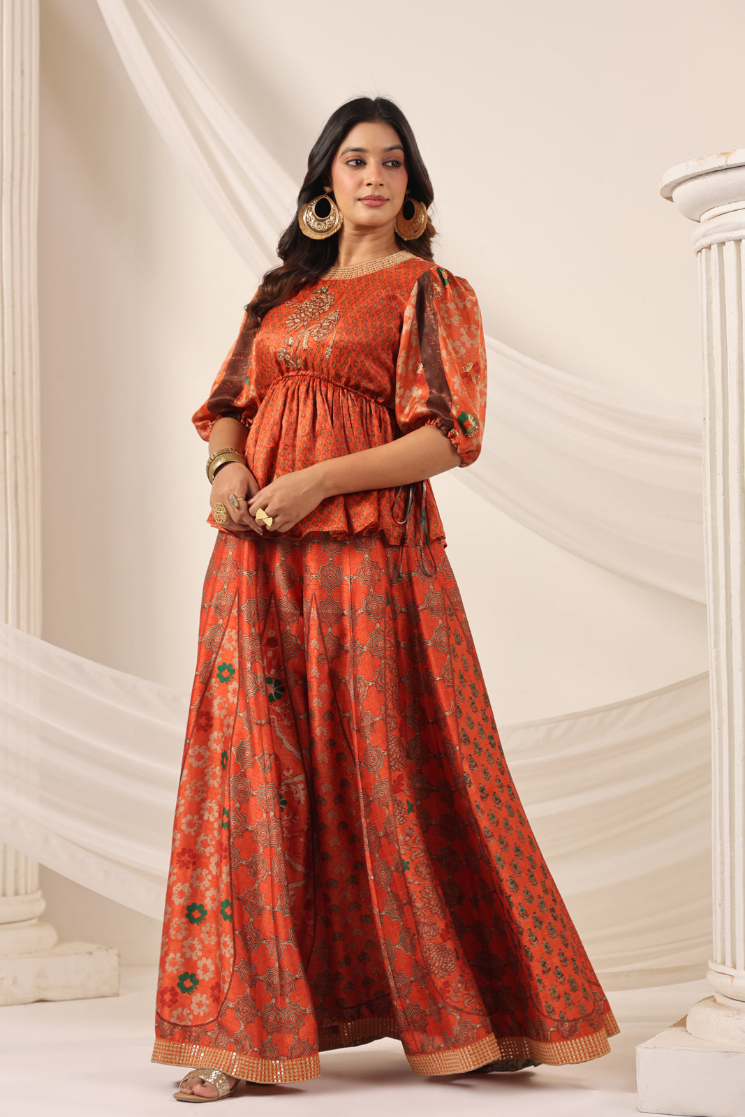 Rustic Orange Festive Peplum Set With Wide Flared Palazzo Pant