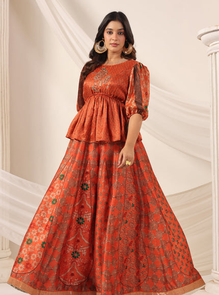 Rustic Orange Festive Peplum Set With Wide Flared Palazzo Pant