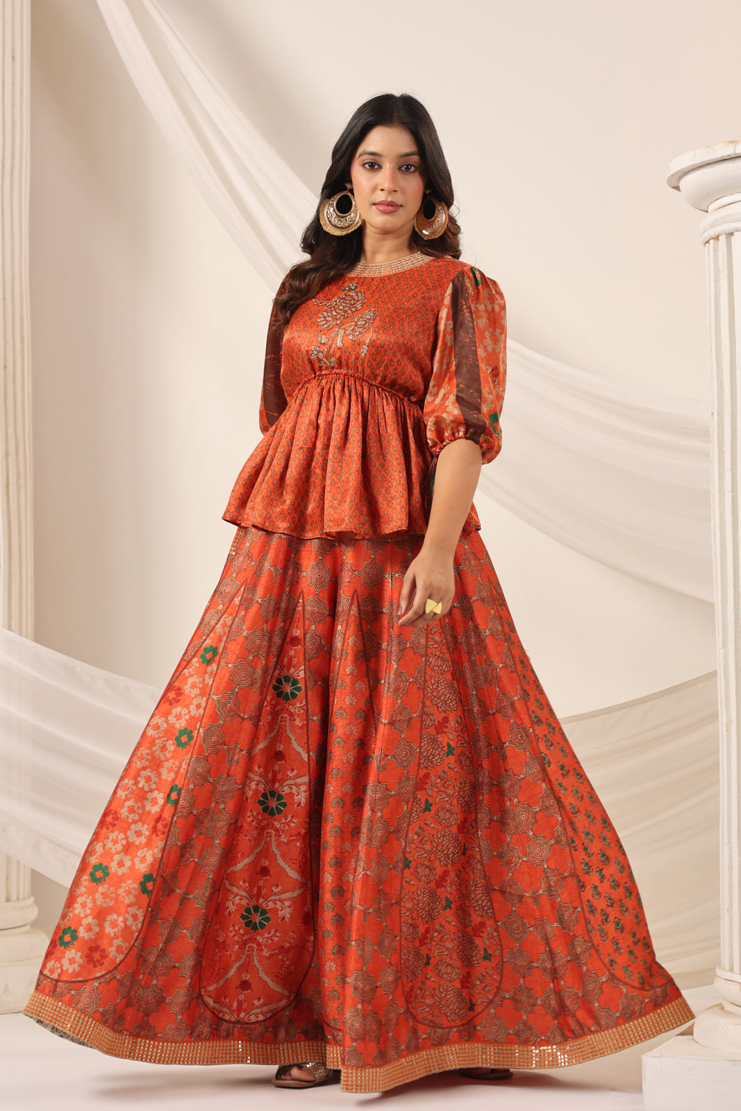 Rustic Orange Festive Peplum Set With Wide Flared Palazzo Pant