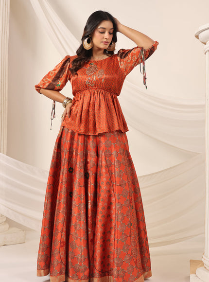 Rustic Orange Festive Peplum Set With Wide Flared Palazzo Pant