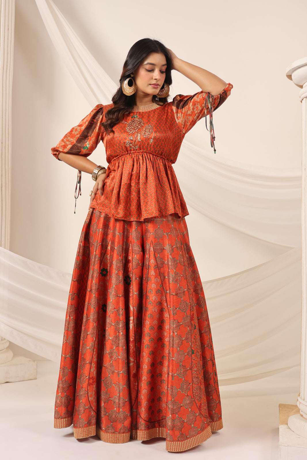 Rustic Orange Festive Peplum Set With Wide Flared Palazzo Pant