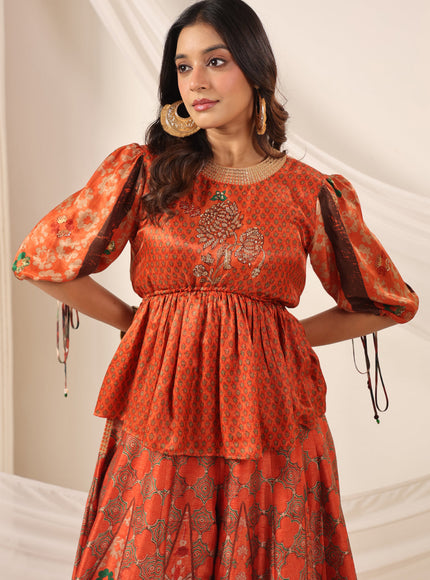 Rustic Orange Festive Peplum Set With Wide Flared Palazzo Pant