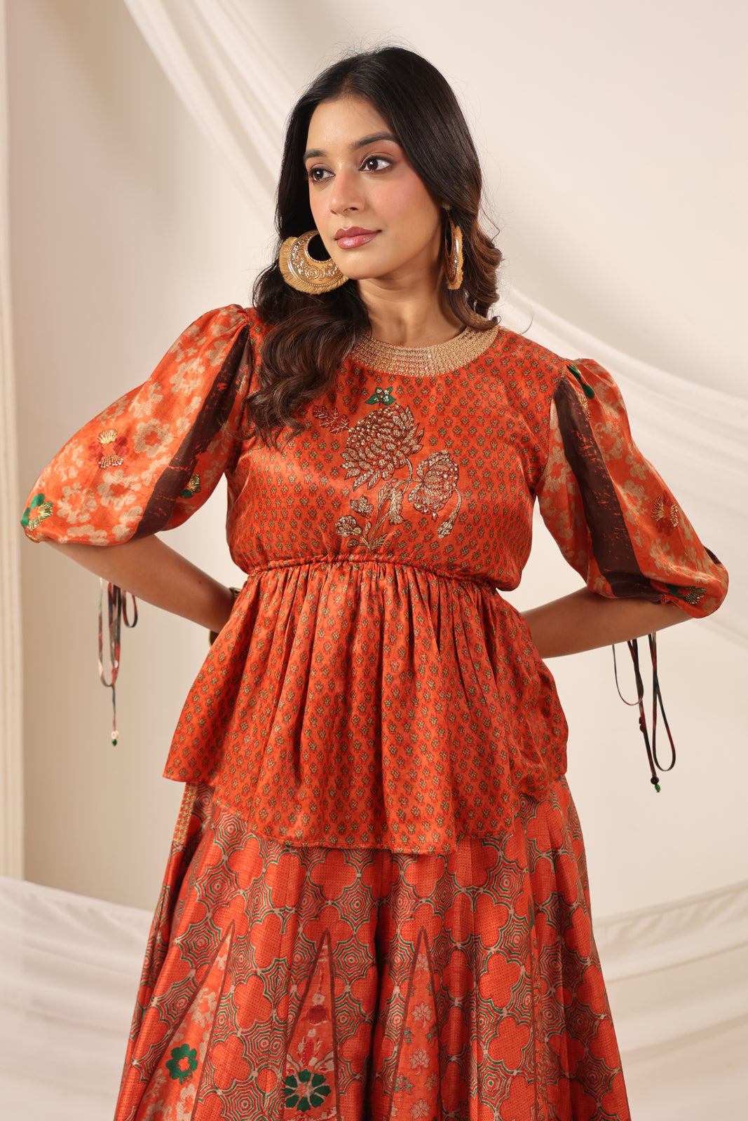 Rustic Orange Festive Peplum Set With Wide Flared Palazzo Pant