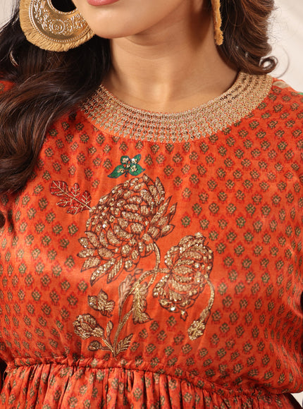 Rustic Orange Festive Peplum Set With Wide Flared Palazzo Pant