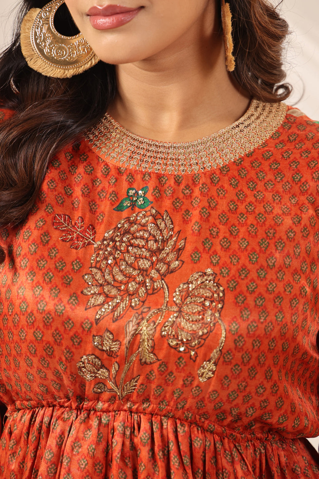 Rustic Orange Festive Peplum Set With Wide Flared Palazzo Pant