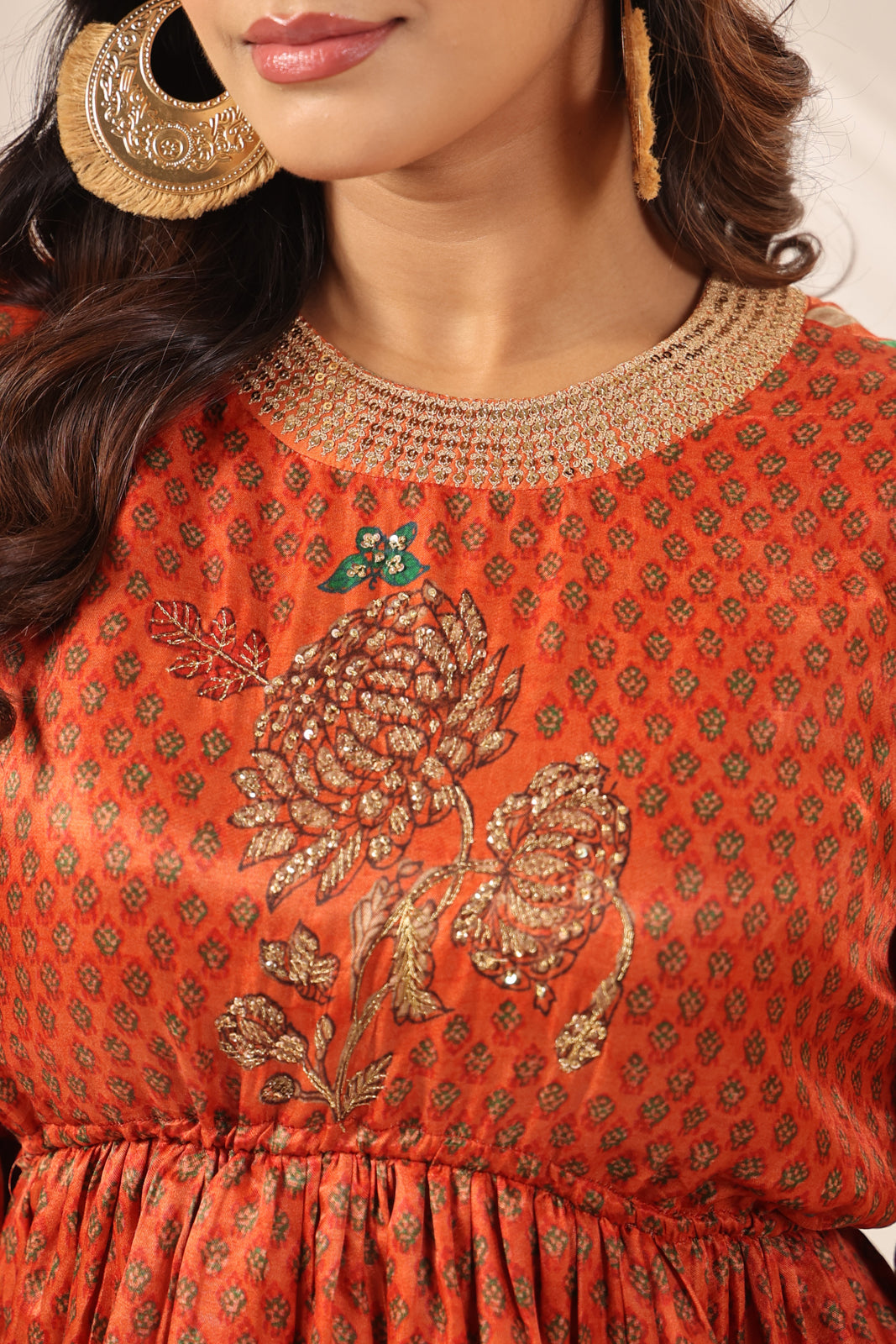 Rustic Orange Festive Peplum Set With Wide Flared Palazzo Pant