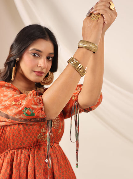 Rustic Orange Festive Peplum Set With Wide Flared Palazzo Pant