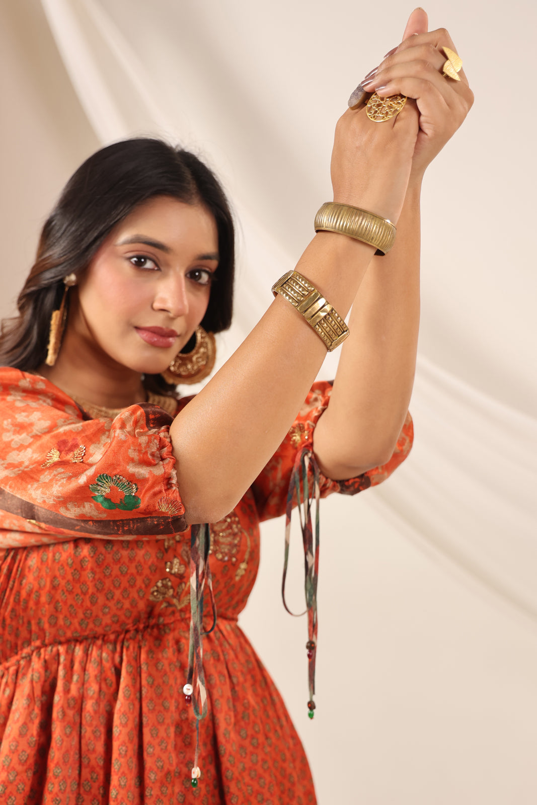 Rustic Orange Festive Peplum Set With Wide Flared Palazzo Pant