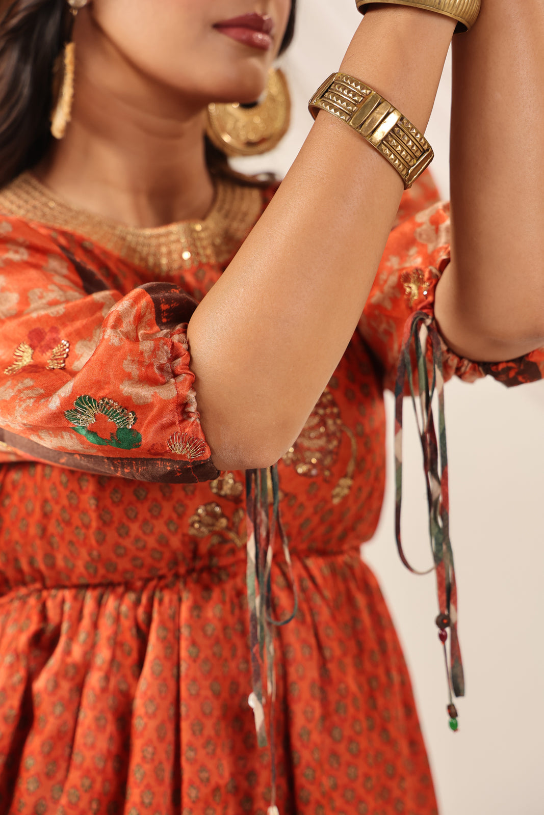 Rustic Orange Festive Peplum Set With Wide Flared Palazzo Pant