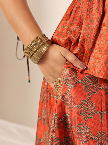 Rustic Orange Festive Peplum Set With Wide Flared Palazzo Pant