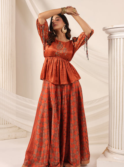Rustic Orange Festive Peplum Set With Wide Flared Palazzo Pant